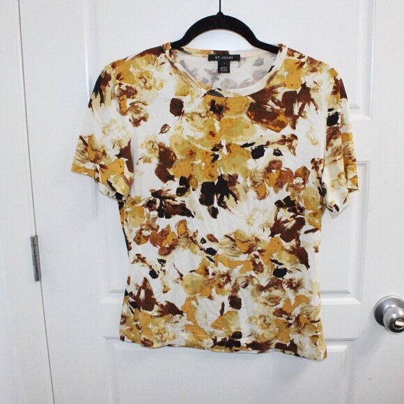 St. John Knits Size Small Short Sleeve Shirt Yellow Brown Cream - Picture 1 of 5
